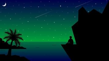 Vector illustration of a young man sitting on a big rock by the sea, looking at the moon and stars.