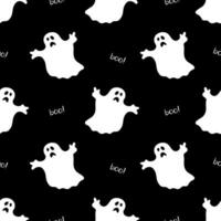 Happy halloween illustration. Seamless pattern with cartoon characters. Cute ghosts black background vector
