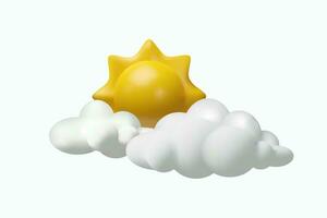 3D render partly sunny weather. Realistic vector illustration. Two clouds and sun in plastic style. Meteorology forecast about day. Symbol of sky for summer season.