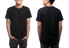 Young man in black T shirt mockup front and back view, Cutout, AI Generative png