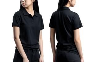 Jeune femme dans noir polo chemise maquette de face et retour voir, découper, ai génératif png