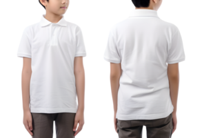 Young boy in white Polo shirt mockup front and back view, Cutout, AI Generative png