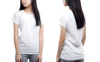 Jeune femme dans blanc t chemise maquette de face et retour voir, découper, ai génératif png