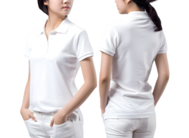 joven mujer en blanco polo camisa Bosquejo frente y espalda vista, separar, ai generativo png