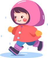 main tiré une enfant dans une imperméable montrant une joyeux expression cette il est il pleut dans plat style png