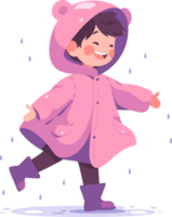 Hand Drawn A child in a raincoat showing a joyful expression that it is raining in flat style png