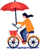 mano dibujado hermosa mujer montando un bicicleta y participación un paraguas en plano estilo png