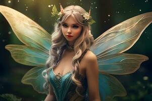 Beautiful forest elf with blue eyes and fairy wings photo