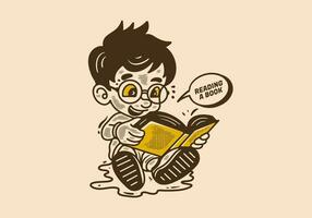 illustration of a little boy sitting and reading a book, in vintage style vector