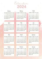 2024 watercolor monthly calendar with orange,yellow,pink.Vector illustration for kid and baby.Editable element vector