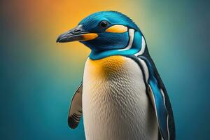Cute penguin standing in front of solid color background. ai generative photo
