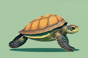 ilustración de un Tortuga en un verde antecedentes en dibujos animados estilo. ai generativo foto