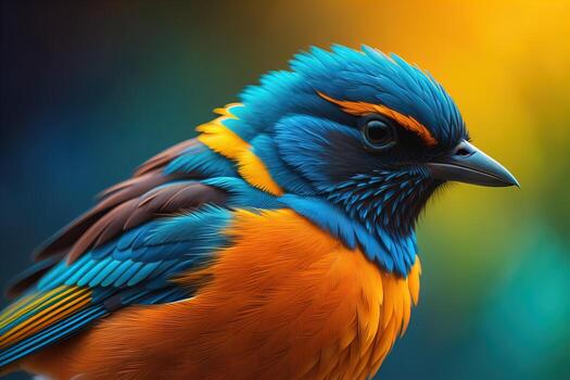 Beautiful blue bird on a branch in the rays of the setting sun. ai generative photo