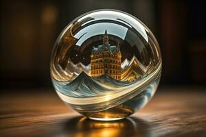 Transparent crystal ball on a wooden table. ai generative photo