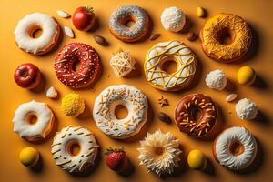 Variety of donuts on a solid color background. Top view. ai generative photo