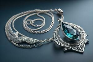 Silver necklace on a solid color background in close-up. ai generative photo