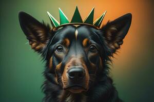 Portrait of a cute dog in a golden crown on a solid color background. ai generative photo