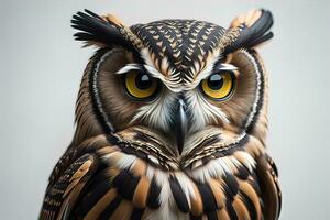 Owl with yellow eyes on a solid background. ai generative photo