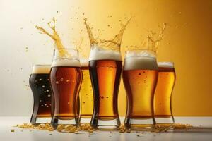 Glasses of different beer on a solid color background. ai generative photo