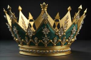 low key image of beautiful golden queen, king crown. ai generative photo