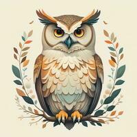 Owl sitting on a branch with leaves. Vector illustration in retro style. ai generative photo