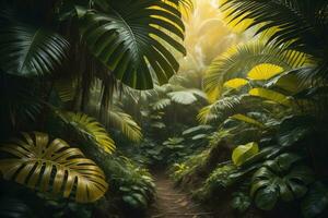 A pathway in tropical rainforest with palm trees and path in the mist. ai generative photo