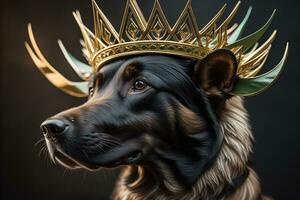 Portrait of a cute dog in a golden crown on a solid color background. ai generative photo