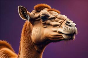 Camel head on solid color background, close up. Vintage style. ai generative photo