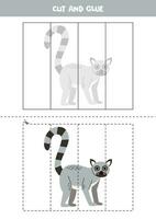 Cut and glue game for kids. Cute cartoon gray lemur. vector