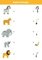 Match parts of cartoon cute African animals. Logical game for children. vector