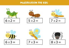 Cute cartoon insects. Multiplication for children. vector