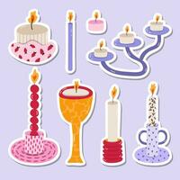 Cute set of stickers with ceramic candlesticks with colorful patterns. Hand drawn vector doodle illustrations. Different shapes for scandinavian home. Trendy craft candle holder in the style of 70s