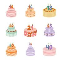 Set of birthday cake with burning candles in the form of numbers. Dessert for celebration each year of birth, anniversary. Stylized hand drawn clipart of holiday cupcake in the scandinavian style vector