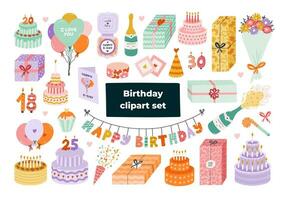 Cute hand drawn birthday set. Trendy holiday elements, party decoration, cupcakes, candles, gifts, balloons, party hat. Happy Birthday clipart collection for kid. Symbol of celebration, anniversary. vector