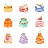 Set of cute birthday cake with burning candles. Dessert for celebration, anniversary, wedding. Stylized vector illustration of holiday cupcake. Trendy hand drawn clipart in the scandinavian style