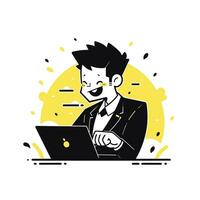 Businessman Working with Computer, Man Character in Flat Style, Businessman Cartoon Vector Illustration Design