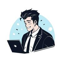 Businessman Working with Computer, Man Character in Flat Style, Businessman Cartoon Vector Illustration Design