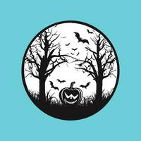Spooky silhouette of halloween tree pumpkin vector