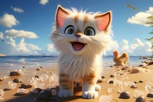 3D render of a cat exploring the beach photo