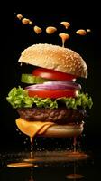 A big cheese burger on top of wooden table photo