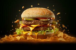 A big cheese burger on top of wooden table photo