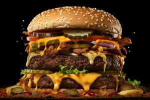 A big cheese burger on top of wooden table photo