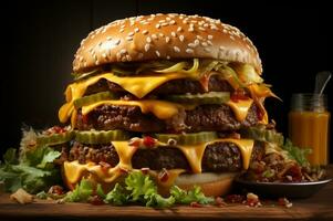 A big cheese burger on top of wooden table photo