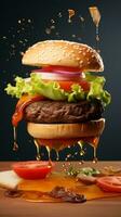 A big cheese burger on top of wooden table photo