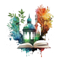 watercolor painting of ramadan lantern and book splash realistic free png, Ai Generative png