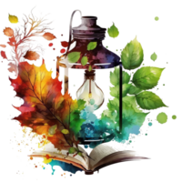 watercolor painting of ramadan lantern and book splash realistic free png, Ai Generative png