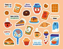 Sticker set of breafast concept. Cute hand drawn pictures and phrases for diary or planner decorating. Flat vector illustration.