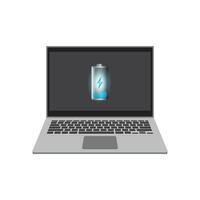 Laptop computer with charging battery icon on screen, flat vector illustration EPS 10.