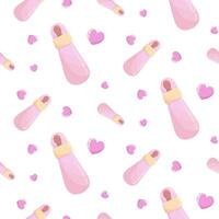 Seamless pattern with pink baby bottle for milk and hearts. background vector