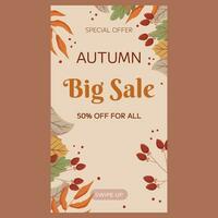 Autumn Big Sale vertical social media stories template design. Frame with different leaves and berries on a twig, copy space. Marketing banner with an exclusive deal vector